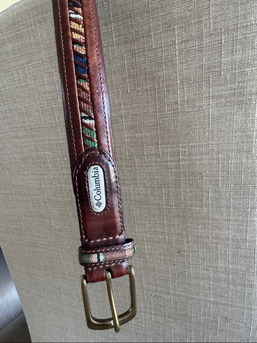 Columbia Brown Leather Belt with Multicolor Woven Inlay
